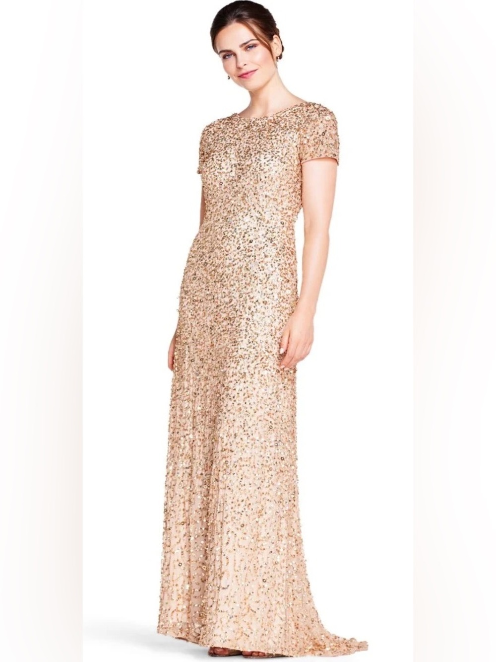 Adrianna Papell Champagne Sequin Scoop-Back Maxi Gown